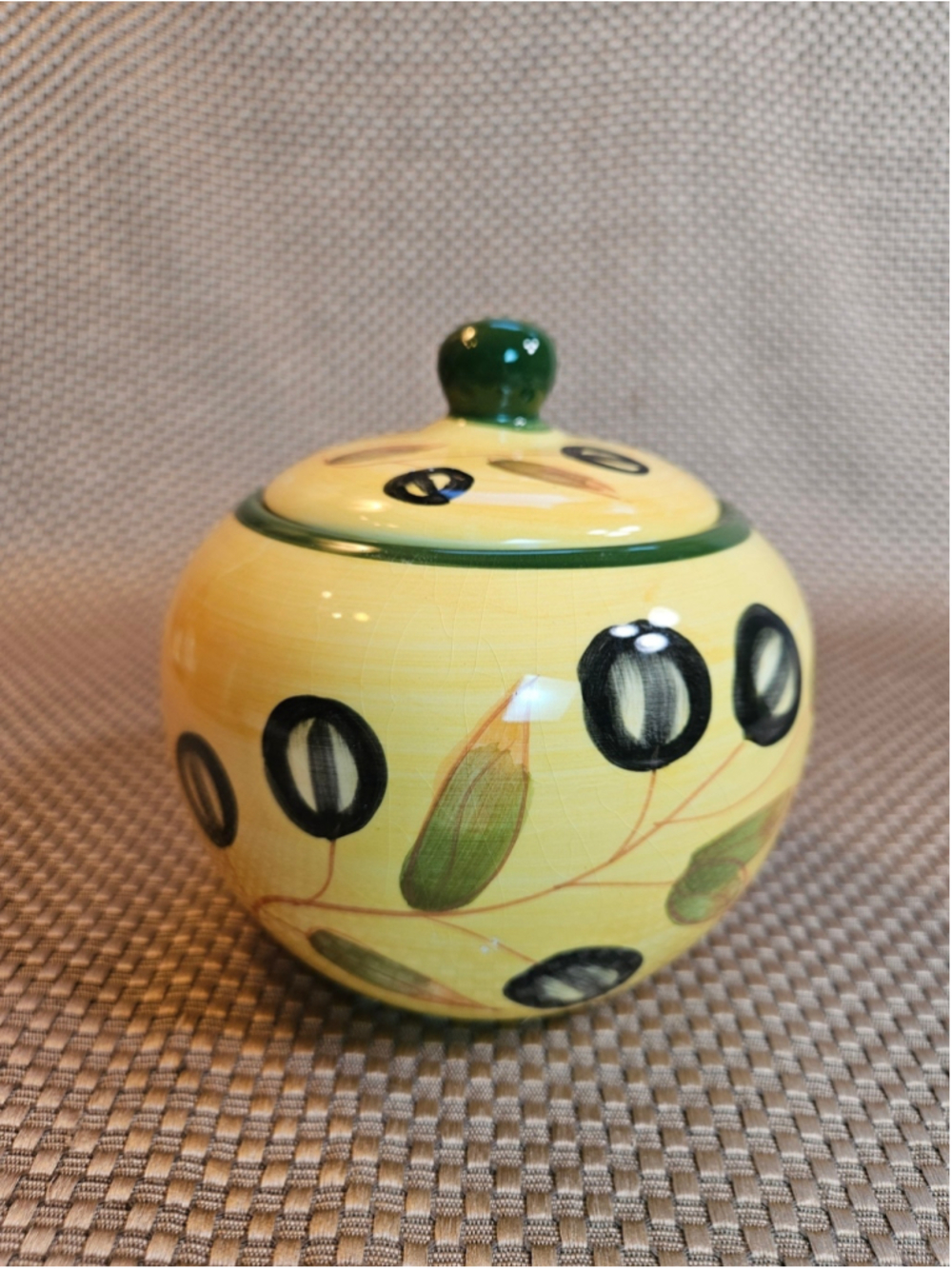 Vintage Ceramic Sugar Bowl Trinket Jar Olive Motif Yellow Green Black Adorable